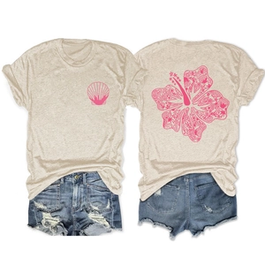 Front and back view of beige T-shirt with pink seashell and hibiscus floral prints