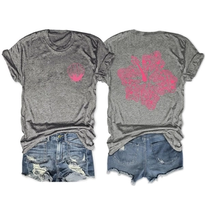 Pink shell and hibiscus flower prints on casual gray round neck T-shirt and denim shorts