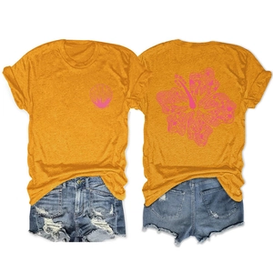 Front and back view of yellow cotton T-shirt featuring pink shell and hibiscus flower prints