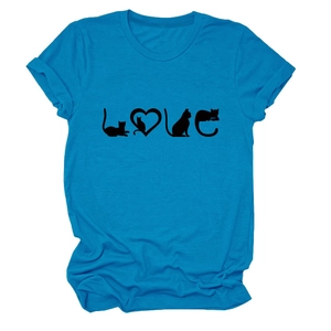 T-shirt bleu à manches courtes avec lettrage LOVE et silhouettes de chats mignons