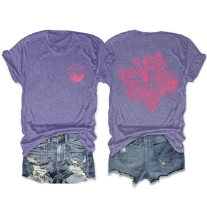 Detail view showing front and back of women's purple t-shirt with pink hibiscus print