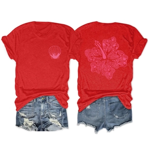 Front and back views of red cotton T-shirt with pink hibiscus and seashell prints