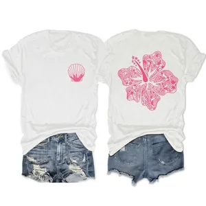 Women's Casual Cotton Blend Round Neck Short Sleeve T-Shirt Front Back Shell Hibiscus Floral Print Loose Summer Top