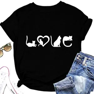 T-Shirt Décontracté en Coton pour Femme Imprimé Chat Love Col Rond Manches Courtes Top Mode Quotidienne