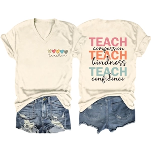 Detailed front and back view of V-neck teacher t-shirt and distressed denim shorts