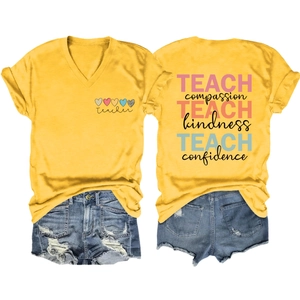 Front and back detail of V-neck teacher t-shirt and distressed denim shorts set