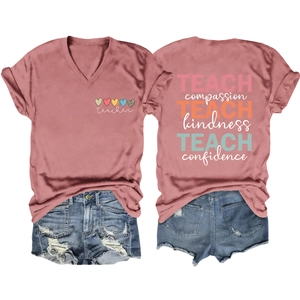 Detailed front and back views of V-neck teacher T-shirt with heart graphic and text