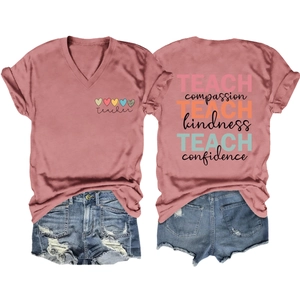 Detailed front and back views of dusty pink V-neck T-shirt with teacher themed slogans