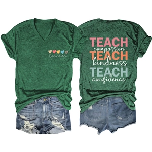 Detail of teacher-themed V-neck t-shirt with heart graphics and back text print