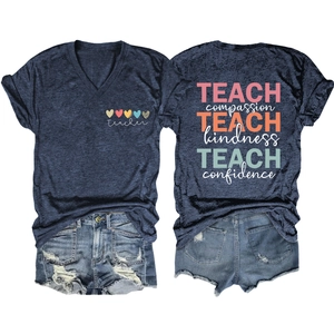 Front and back detail of V-neck Teacher t-shirt with inspirational print and denim shorts