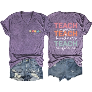 Front and back detail of V-neck teacher T-shirt with inspirational quote print