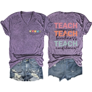 Detail of purple V-neck T-shirt back print and distressed denim shorts for teachers