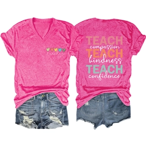 Detailed front and back view of magenta V-neck teacher t-shirt with denim shorts
