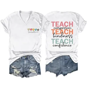Women V Neck Short Sleeve T Shirt Teacher Theme Graphic Print Loose Casual Summer Top Cotton Blend Education Slogan