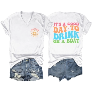 Detail of V-neck cotton T-shirt with Lake Days print and distressed denim shorts