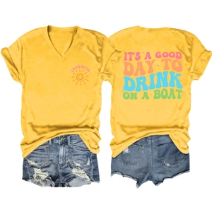 Front and back view of yellow V-neck T-shirt with 'It's a good day' vintage print