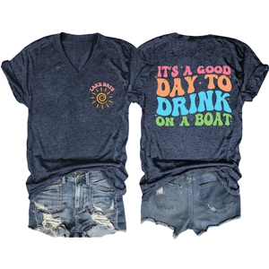 Detail view of navy blue V-neck T-shirt with Lake Days and It's A Good Day graphics