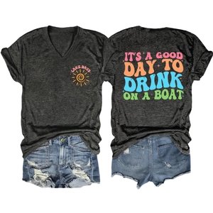 Detail of V-neck dark grey T-shirt featuring It's A Good Day To Drink On A Boat print