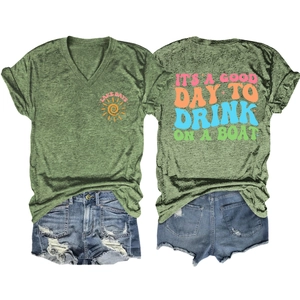 Detail of V-neck grey t-shirt with retro rainbow text and rolled sleeve cuffs
