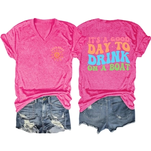 Detail of rose pink V-neck T-shirt with vintage IT'S A GOOD DAY back print graphics