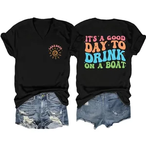 Women V Neck Short Sleeve T-Shirt Graphic Print Vintage Cotton Blend Summer Casual Lake Days Vacation Tee Top