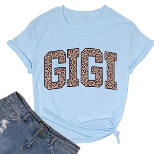 Détail du t-shirt bleu clair avec lettrage GIGI imprimé léopard et col rond classique
