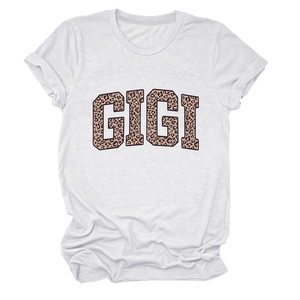 T-shirt blanc à col rond pour femme avec imprimé GIGI léopard et manches à revers