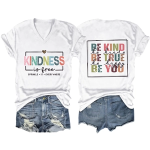 Detailed front and back view of V-neck T-shirt with kindness slogans and denim shorts