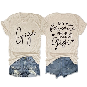 Front and back detail of oatmeal t-shirt with Gigi graphic and ripped denim shorts