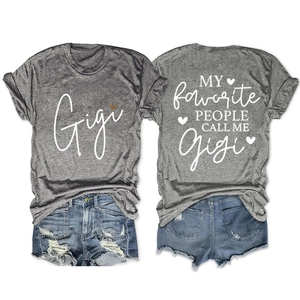Front and back view of heather grey T-shirt with Gigi slogan and denim shorts