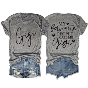 Detailed back and front views of grey Gigi T-shirt with personalized heart graphic print