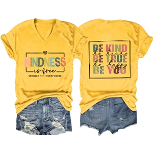 Yellow V-neck T-shirt with Be Kind print and distressed denim shorts set outfit