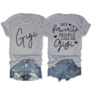 Front and back view of gray short sleeve Gigi t-shirt with blue denim shorts set