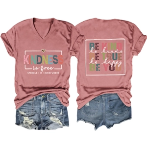 Front and back view of V-neck T-shirt with kindness typography and denim shorts