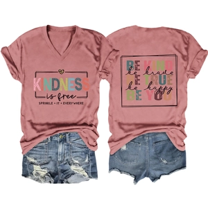 Detailed front and back view of pink V-neck t-shirt with inspirational Kindness typography