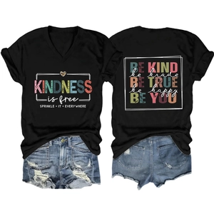 Front and back view of black V-neck T-shirt with kindness quotes and denim shorts