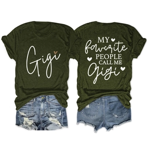 Front and back detail of olive green Gigi T-shirt with leopard heart and denim shorts
