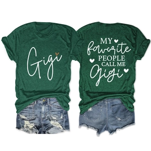 Front and back view of Gigi printed green t-shirt with heart graphic and denim shorts
