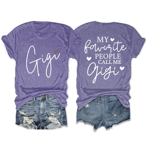 Front and back view of purple Gigi t-shirt with leopard heart and distressed denim shorts