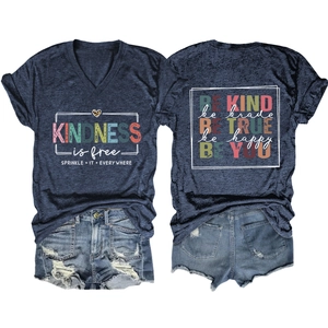 Navy V-neck T-shirt with 'KINDNESS is free' slogan and frayed denim shorts set