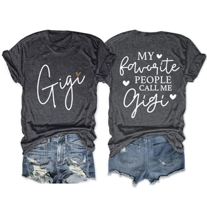Front and back view of charcoal grey t-shirt with Gigi and My Favorite People text