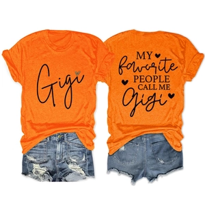 Front and back detail of orange Gigi graphic t-shirt and distressed denim shorts