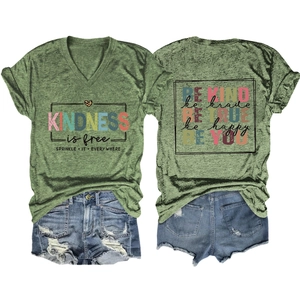 Front and back view of green V-neck t-shirt with slogan print and denim shorts set