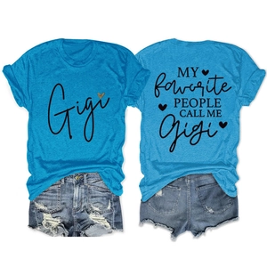 Detail view showing front and back of Gigi print blue t-shirt and ripped denim shorts