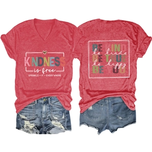 Detail view of V-neck T-shirt with 'KINDNESS is free' print and denim shorts set