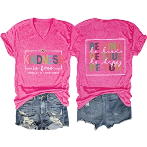 Front and back view of rose red V-neck T-shirt with inspirational kindness slogans