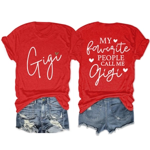 Front and back view of a red Gigi crew neck T-shirt with white graphic print text