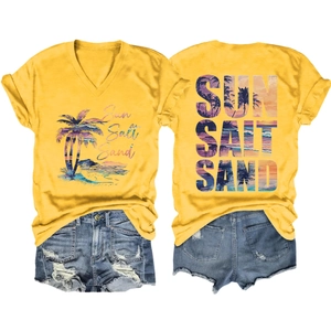 Women's yellow V-neck T-shirt with Sun Salt Sand print and distressed denim shorts