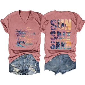 Front and back view of a pink V-neck T-shirt with Sun Salt Sand tropical beach print