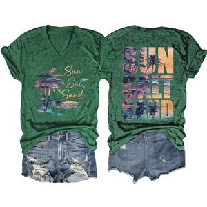 Detail of dark green V-neck T-shirt with Sun Salt Sand print and distressed denim shorts